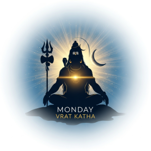 Silhouette of Lord Shiva meditating with trishul and crescent moon, blue and gold spiritual glow, peaceful aesthetic, elegant composition, minimal text "Monday Vrat Katha", high resolution
